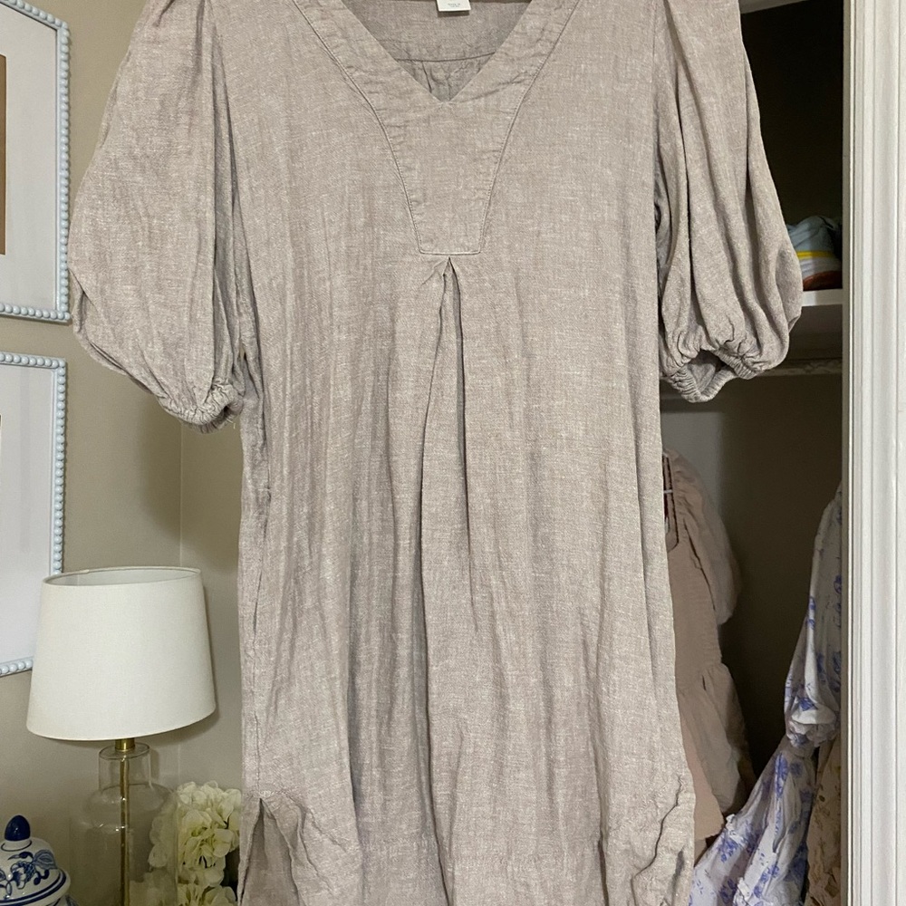 Linen Beige Puff Sleeve Dress